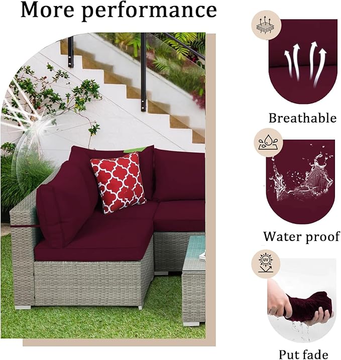 14 Pieces Outdoor Sectional Replacement Cushions for Patio Furniture, 4in Thick Outdoor Sofa Cushions for 6 Seat, Waterproof Deep Seat Couch Patio Cushions Set (Wine red)