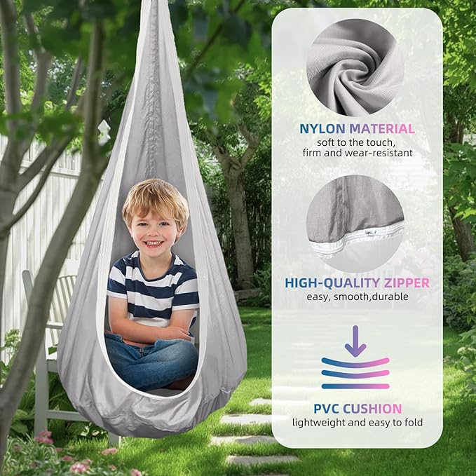 Kids Swing Seat Hammock Chair Indoor Outdoor Hanging Chair for Children,Soft & Safe with High Weight Capacity, Easy Install Perfect for Bedroom, Garden, Playroom (Gray)