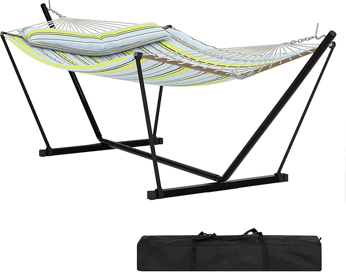 Portable 2 Person Double Hammock with Sturdy Heavy-Duty Steel Stand – 450LBS Max Load, Quick & Effortless Assembly, Perfect for Indoor Living, Yard, Patio & Camping Trips