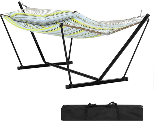 Portable 2 Person Double Hammock with Sturdy Heavy-Duty Steel Stand – 450LBS Max Load, Quick & Effortless Assembly, Perfect for Indoor Living, Yard, Patio & Camping Trips