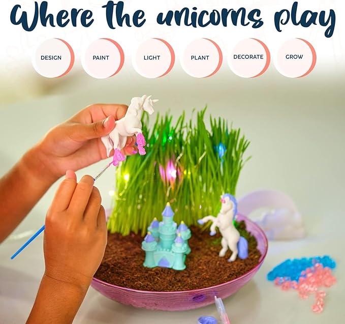 BRYTE Light Up Unicorn Terrarium Kit - Blue & Pink Round Plastic Dome, Ages 4-12 - Fairy Garden Kids Kit with Seeds & Terrarium Rock