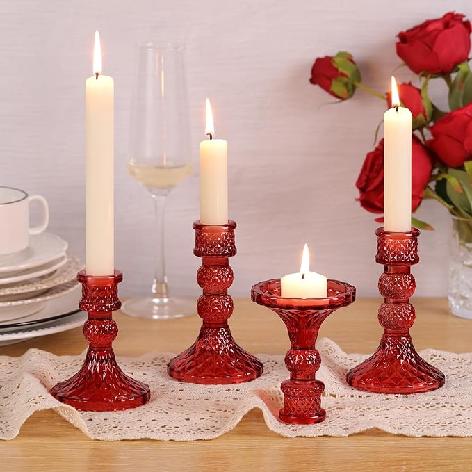 DARJEN Red Glass Candlestick Holders Set of 6, 4" H & 5" H Taper Candle Holders for Candlesticks & Pillar Candles, Diamond Candle Holders for Wedding Party Table Centerpiece, Home Decor