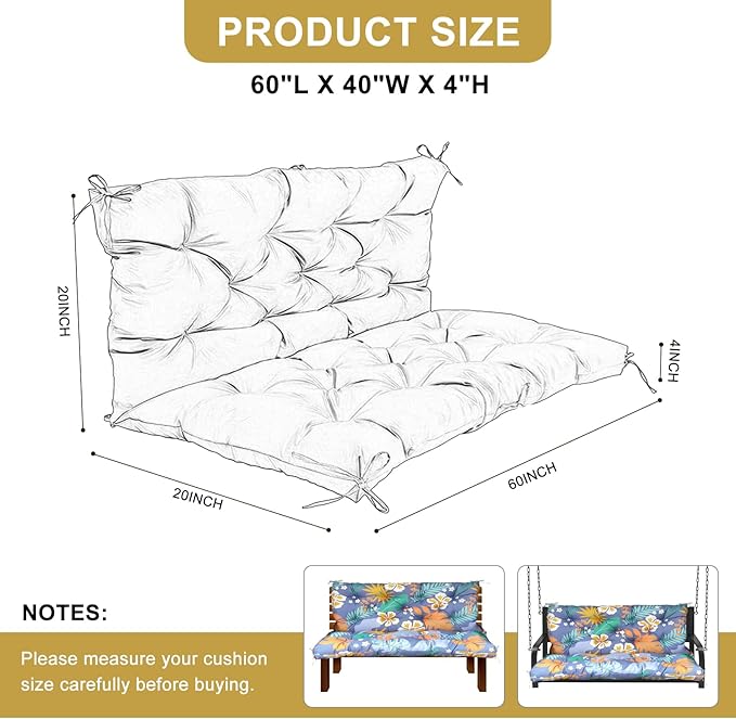 60" Porch Swing Cushion with Backrest, Waterproof Outdoor Bench Swing Cushions 3 Seater Replacement Thickened Swing Cushions with Ties for Patio Garden Backyard,Flower,60x40in