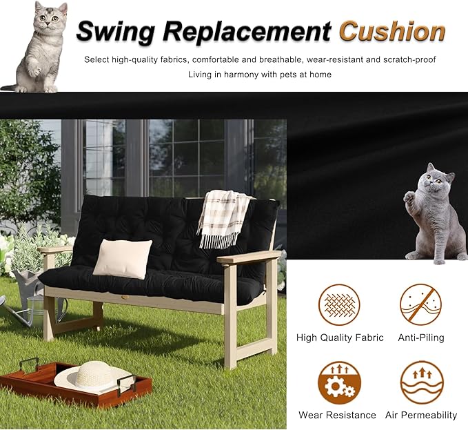 2-3 Seat Swing Replacement Cushion, Outdoor Bench Cushions with Backrest Thicken 4", Patio Furniture Garden Porch Loveseat Glider Pad Anti-Fading Waterproof (Black, 40x47in)