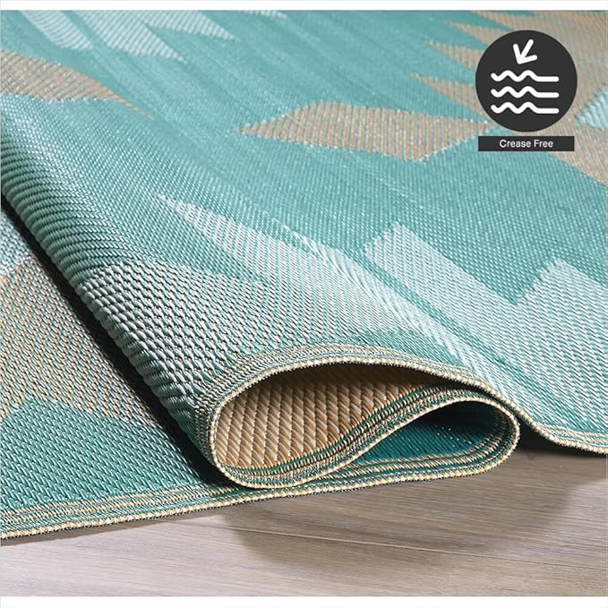 FH Home Outdoor Rug - Waterproof, Fade Resistant, Reversible - Premium Recycled Plastic - Geometric - Porch, Deck, Balcony, Mudroom, Laundry Room, Patio - Bursa Kilim - Teal Crease Free - 3 x 5 ft