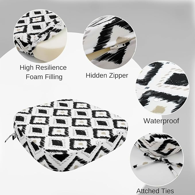 idee-home Outdoor Chair Cushions Set of 2, 19" x 19" x 3" Thick D-Shaped Patio Furniture Outdoor Seat Cushions Waterproof with Ties, Dining Pads
