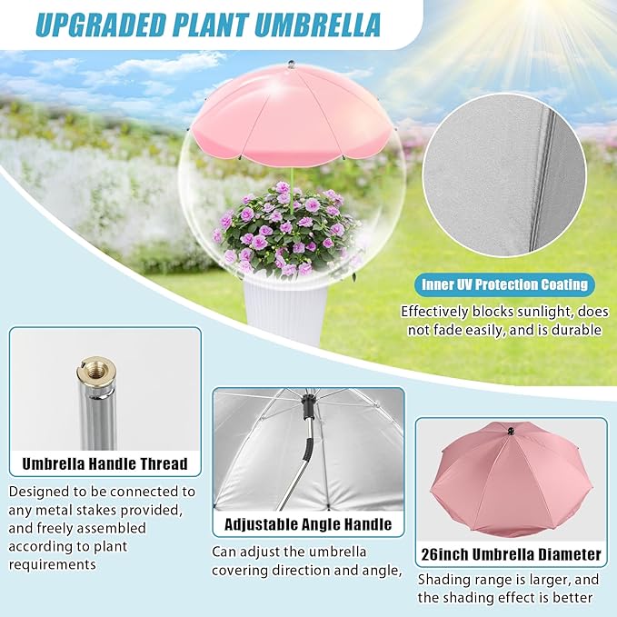 2 Pack Upgraded Plant Umbrellas for Outdoor Plants, 26" Larger Garden Plant Umbrella Shade with Adjustable Angle, 43.4" Higher Sun Shade for Plants, Potted Plant, Garden Beds (Pink & Blue)
