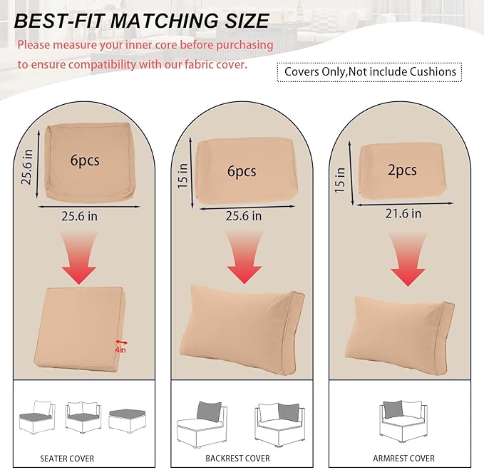 Outdoor Cushion Covers for Patio Furniture, Patio Cushion Covers Replacement with Zipper, Waterproof & Fade Resistant,Only Cover (Khaki, 25.6Lx25.6Wx4H - Only Covers)