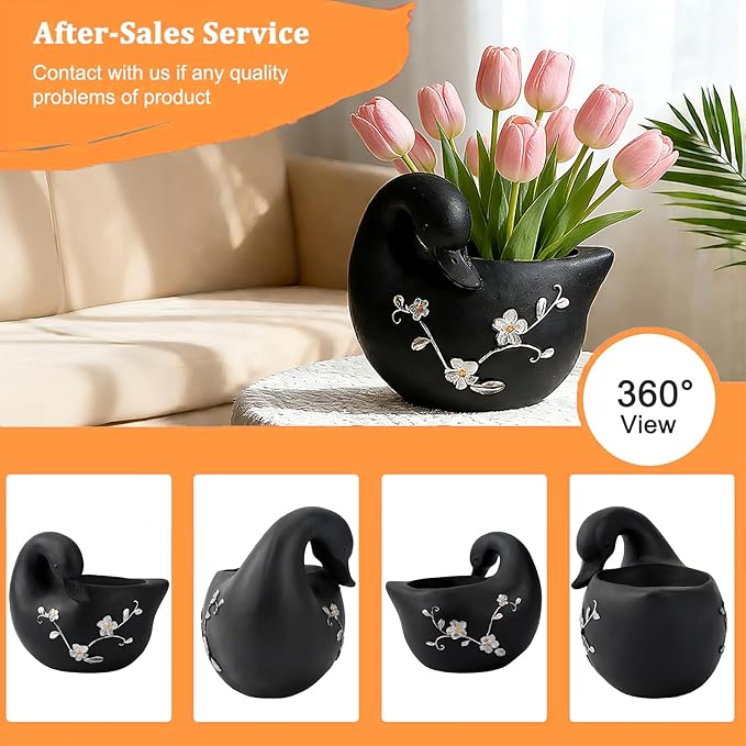 Teaeeno Decorative Garden Swan Planters Succulent Pots Indoor Unique Flower Plant Pots Cement Swan Decor Home Garden Balcony Decor (Black)