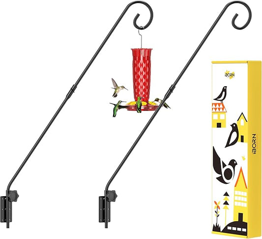 iBorn Wall Mount Deck Hook, 28" Hummingbird Feeder Hanger, Heavy Duty Bird Feeder Pole for Hanging Bird Feeder, Planter, Suet Baskets, Wind Chimes, 180° Rotatable Arm, Solid Wire, 2 Pack