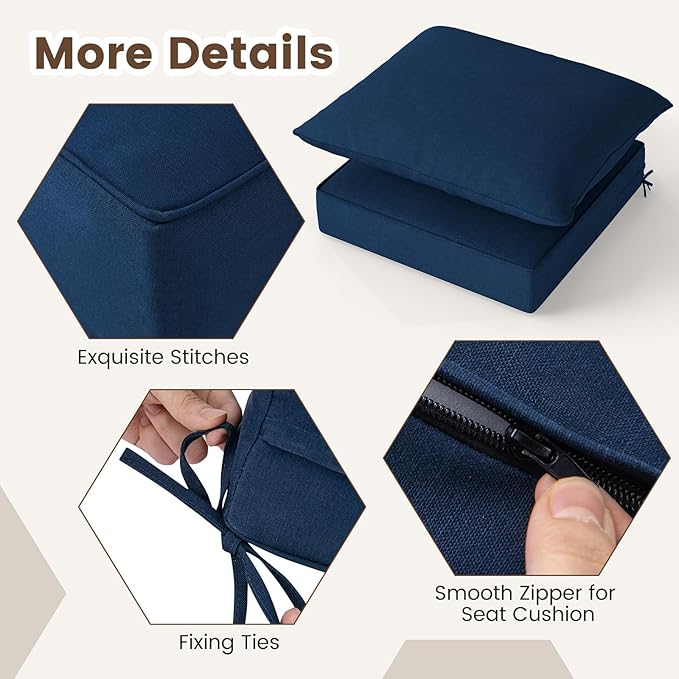 Giantex Patio Cushion Set, Outdoor Chair Seat Pads w/Non-Slip Rope Belts, Detachable Patio Furniture Cushions, Thick Seat Cushion & Back Cushion for Living Room Floor Sofa Patio Garden Chair (Navy)