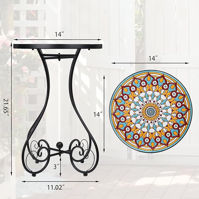 VCUTEKA Mosaic Outdoor Side Table, Round Rustproof Patio Table with 14" Ceramic Tile Top, Indoor Porch Accent Table for Yard, Garden, Living Room, Bistro Balcony