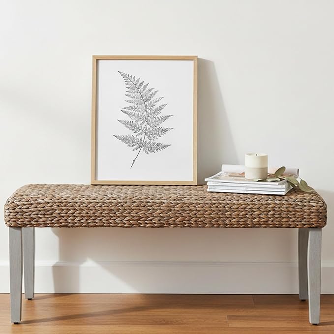Farmhouse Indoor Solid Wood Acacia Benc with Natural Woven Benches Seat, Boho Bench Entryway, Wooden Bench for Bedroom End of Bed or Living Room or Vintage Entryway Bench Seat (Grey, Water Hyacinth)