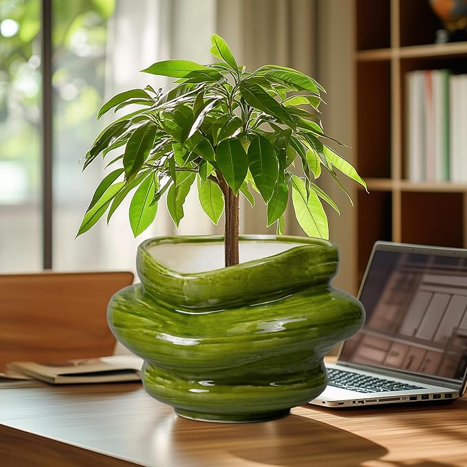 Ceramic Planters Bonsai 10.6 Inch - Planters with Drainage Hole, Flower Pots for Indoor Plants Outdoor Plants, Large Plant Pot for Home Decor, Gift for Men Women, Green
