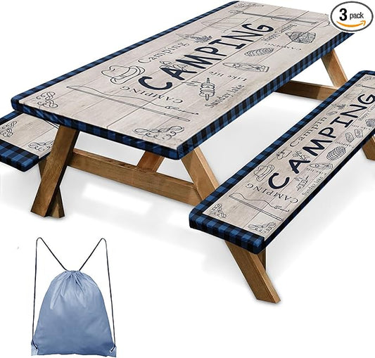 Picnic Table Cover with Bench Covers Elastic Edges, Beige Camper Fitted Table Cover, Outdoor Patio Camping Essentials 72 Inch 3PCS, Waterproof Camping Fitted Tablecloth with Drawstring Bag
