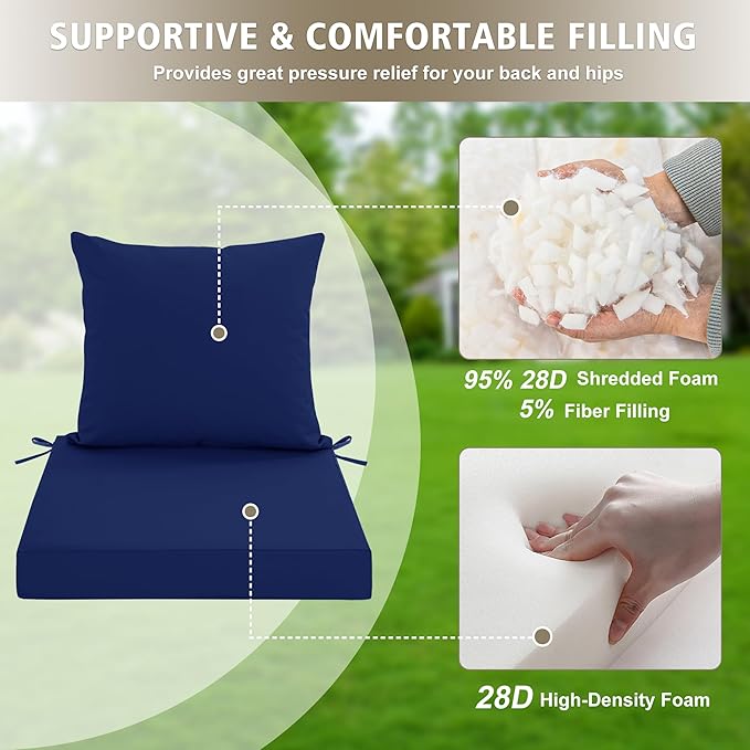 Outdoor Cushions for Patio Furniture, Waterproof Outdoor Chair Cushion w/ Fade-Resistant, Removable & Machine-Washable Cover, 22x22 Inch, Deep Seat Sofa/Couch Pad Replacement – Set of 4, Navy Blue