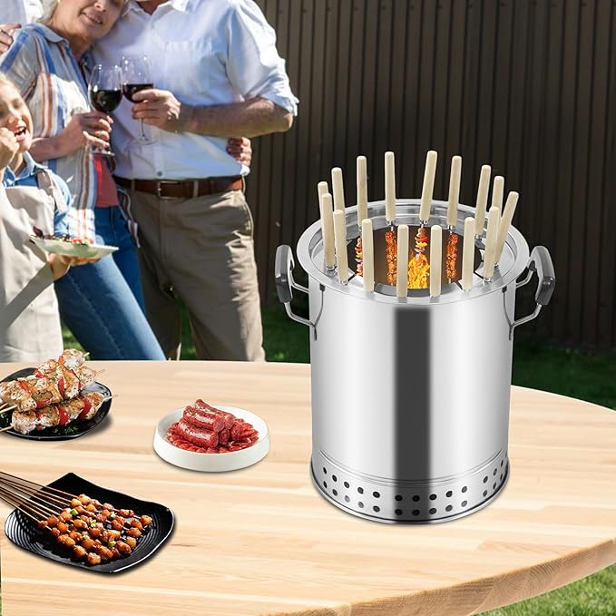 Smokeless Barbecue Stainless Steel Surround Charcoal Barrel Grill, Portable Kebab Charcoal Grill w/30 Skewers & Grilling Accessories Set for Picnics Camping Traveling Parties Beaches Gardens, 10.2"