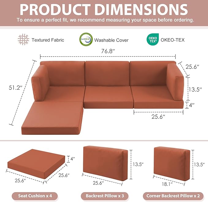 9-Piece Patio Furniture Cushions Set, Replacement Outdoor Cushions for 4-Seat Patio Sectional, Waterproof & Fade Resistant Deep Seat Cushion for Outdoor Sofa, Spice
