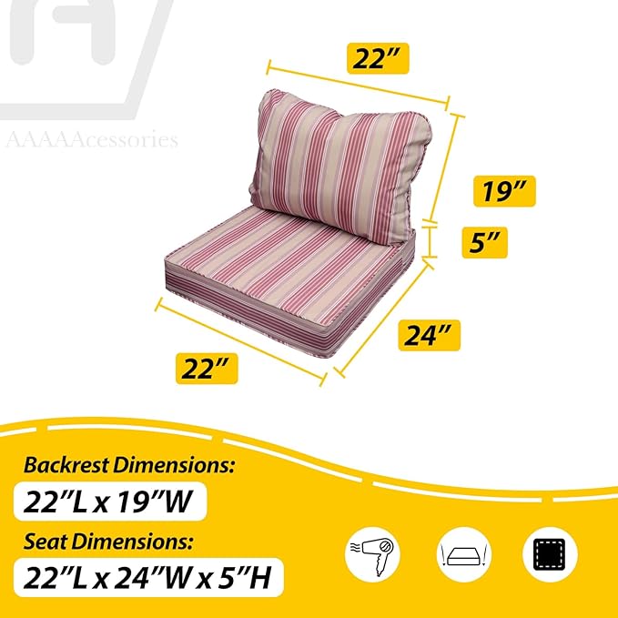 AAAAAcessories Outdoor Seat Cushions for Chairs, Fade-Resistant, Waterproof Patio Furniture Replacement Cushions, 22" x 24" x 5" + 22" x 19", Dusty Rose Garden Stripe
