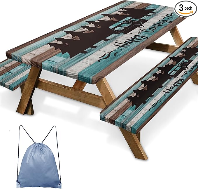 Picnic Table Cover with Bench Covers Elastic Edges, Teal Camper Fitted Table Cover, Outdoor Patio Camping Essentials 72 Inch 3PCS, Waterproof Camping Fitted Tablecloth with Drawstring Bag