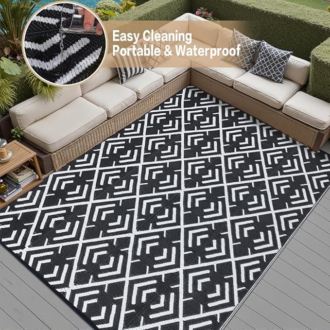 HUGEAR RV Outdoor Rug Waterproof Mat Outdoor Rugs 9'x12' for Patios Clearance Carpet Outdoor Camping Rugs Large Plastic Straw Rug(8x10ft Geometric Black&White)