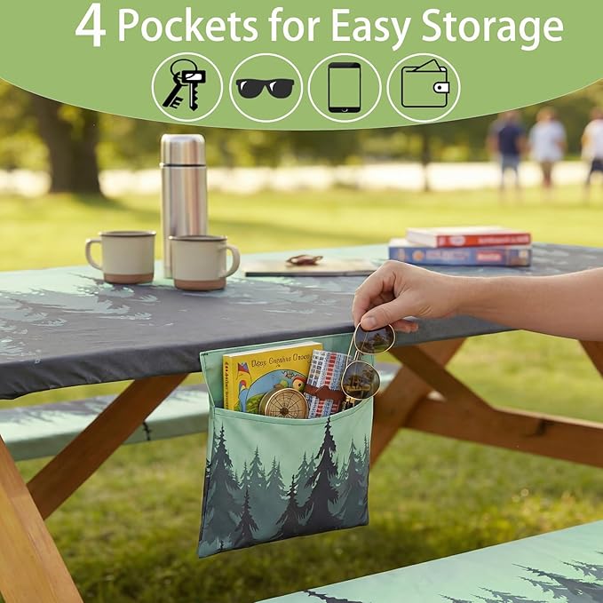 Fitted Waterproof Picnic Table Cover with Bench Covers Elastic Edges Camping Tablecloth for 8 Foot Rectangle Tables Camp Cooking Motorhome Hiking Equipment Car Rv Travel Trailer Needs Gifts