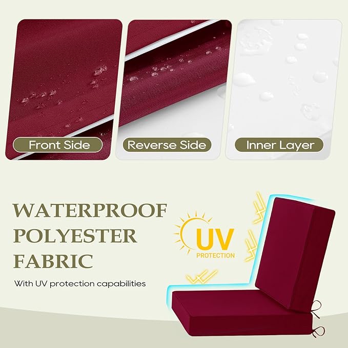 Wellsin Outdoor Cushions for Patio Furniture, Waterproof Outdoor Seat Cushions with Ties and Handle, Outdoor Cushions 24 X 24, Outdoor Deep Seat Cushions with Removable Cover, Burgundy