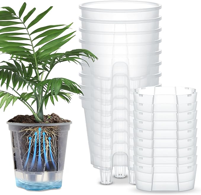Self Watering Pots for Indoor Plants with Deep Reservoir and High Drainage Holes for Outdoor Plants and Flowers, Bare Root Planter(7.09'',Clear,9 Pcs)