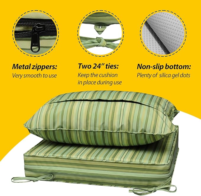 AAAAAcessories Outdoor Seat Cushions for Chairs, Fade-Resistant, Waterproof Patio Furniture Replacement Cushions, 21" x 21" x 3" + 21" x 17", Mossy Forest Stripe