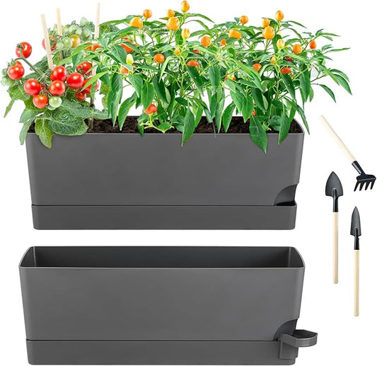 2 Pack Rectangle Self Watering Pots for Indoor Plants 17 Inches Window Boxes Planters Rectangular Flower Pots Herb Large Plant Pots with Drainage Holes and Saucers Windowsill Planter, Grey