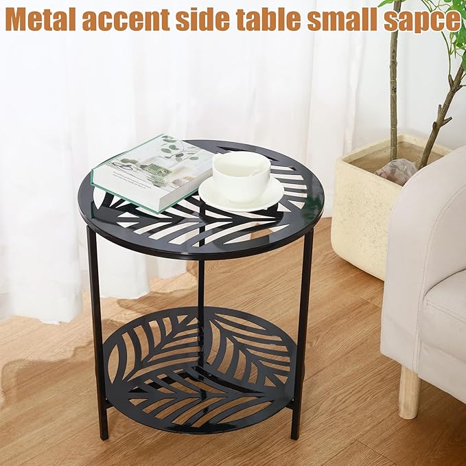 17.7" Two-tiered Metal Round Side Tables Extra-large Black Outside End Table for Patio Round Accent Garden Corner Stand for Small Spaces Weather-resistant Coffee Table for Balcony Porch Plant Stand