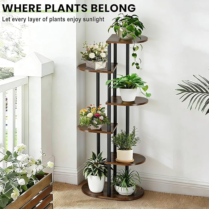 Tiered Plant Stand Indoor, Tall 6 Tier 7 Potted Wooden Plant Shelf for Multiple Plants, Multi Plant Holder Indoor for Patio Garden Patent Design Living Room Bedroom, Rustic Brown