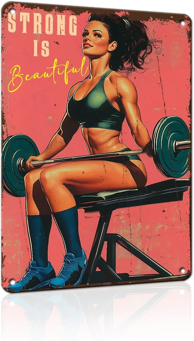 PEACHGARDEN Gym Decor Gym Girl Metal Signs Strong Is Beautiful Poster Girl Fitness Wall Art Decor Metal Tin Sign for Fitness Studio Workout Room Garage Kitchen 8x12inch