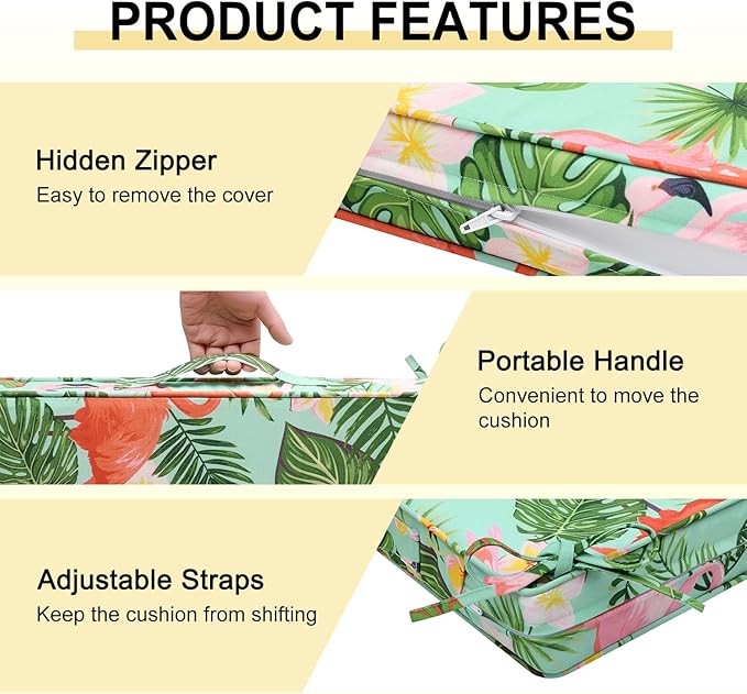 downluxe Outdoor Chair Cushions Set of 4, Waterproof 19" x 19" x 3" Patio Chair Cushion with Non-Slip Ties & Handle, Square Outdoor Cushion for Patio Furniture with Removable Cover, Tropical Flamingo
