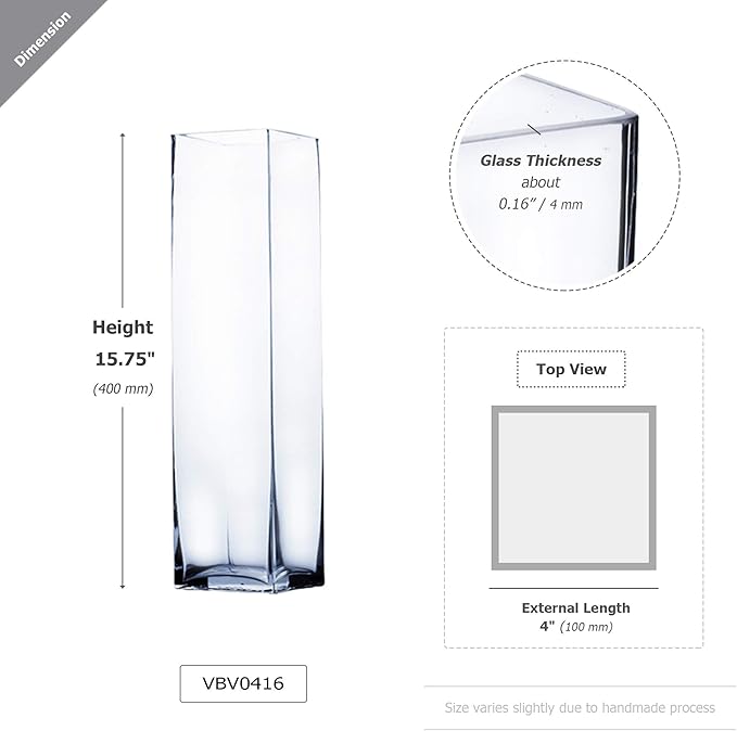 WGV Tall Square Vase Glass Block, Length 4", Height 16", Clear Floral Container, Masterpiece, Planter Terrarium for Wedding Party Event, Home Office Decor, 1 Piece