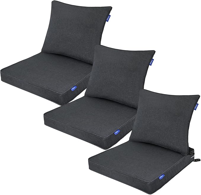 Deep Seat Cushions, Outdoor Cushions, Patio Furniture Cushions, Deep Seat & Back Cushion Patio Cushions for Backyard Couch Sofa Fade Resistant (24x24x4 inches 3 Sets, Black Grey)