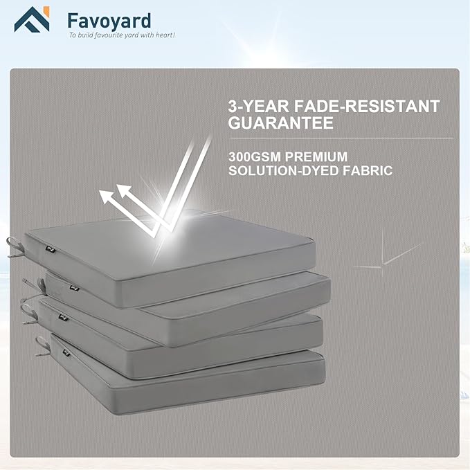 Favoyard Outdoor Chair Cushions 17"W x 16"D x 2"T Set of 4 Patio Chairs Cushions 3-Year Fade Resistant & Waterproof Cushions for Outdoor Furniture with Hidden Zipper, Attach Straps for Dining Chairs