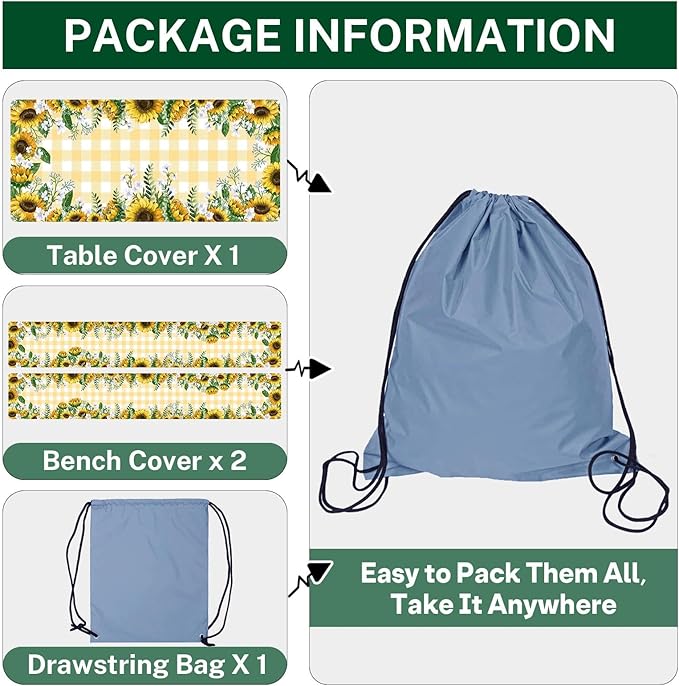 Picnic Table Cover with Bench Covers Elastic Edges, Yellow Fitted Table Cover, Outdoor Patio Camping Essentials 72 Inch 3PCS, Waterproof Camping Fitted Tablecloth with Drawstring Bag