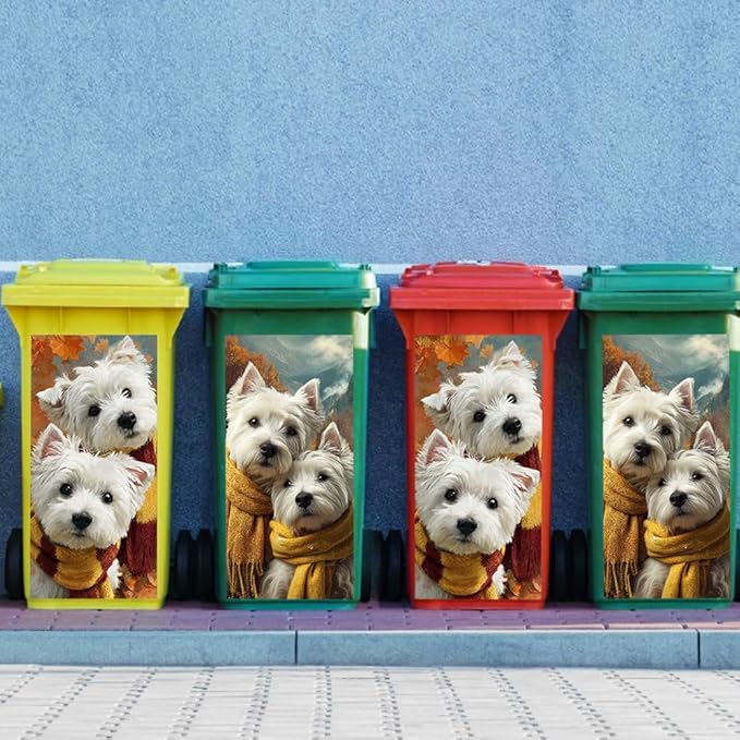 2PC Trash Can Sticker 14.57 x 32.28 Inch White Dog Design Autumn Scarf Theme Decorative Garbage Bin Cover Outdoor Trash Can Decal Art for Home Yard Garden Seasonal Decoration