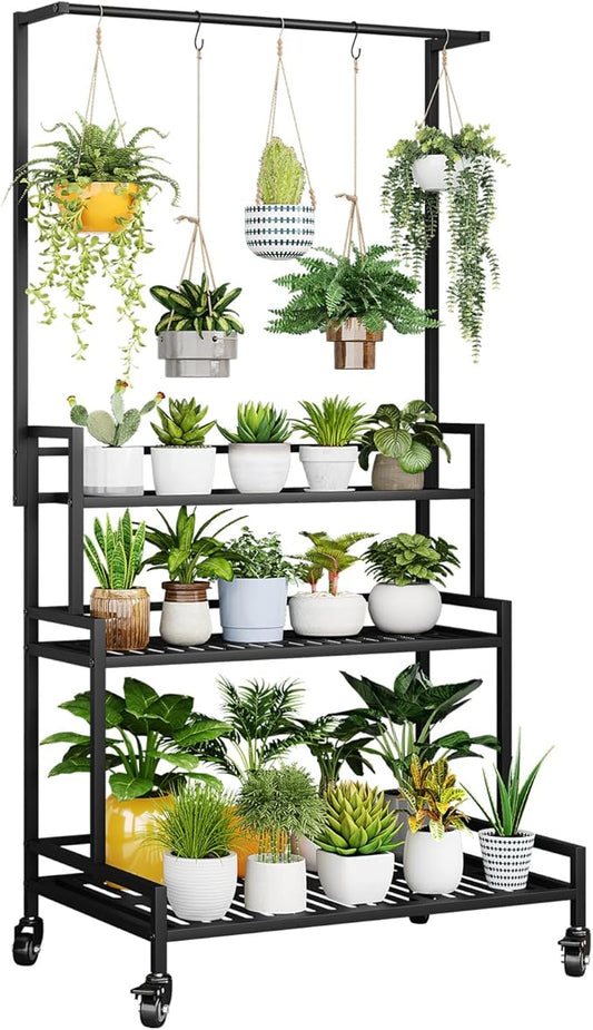 YIZAJIA Plant Stand Indoor 3 Tier Metal Outdoor Tiered Stands Shelf With wheel for Multiple Plants Potted Ladder Plant Holder Table Plant Pot Stand for Window Garden Balcony Living Room (3 Tier-Black with Hanger)