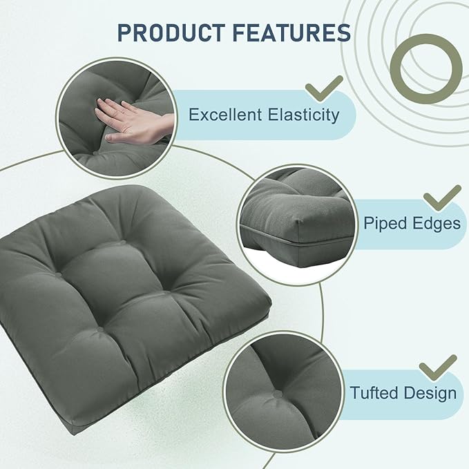 downluxe Outdoor Chair Cushions Set of 2 for Patio Furniture, Waterproof Tufted Overstuffed Patio Furniture Cushions, Memory Foam Outdoor Seat Cushion, 19" X 19" X 5", Dark Grey