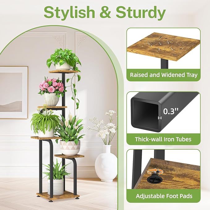 iDavosic.ly Tall Plant Stand Indoor, 4 Tier Corner Multiple Flower Holder Shelf with Wooden Trays, Space Saving Display Rack for Living Room Balcony Patio Porch Outdoor | Black & Brown