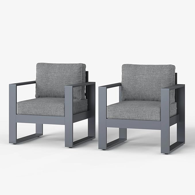 LayinSun Outdoor Patio Aluminum Chair, Metal Modern Armchair Set of 2 with Washable Thick Cushions