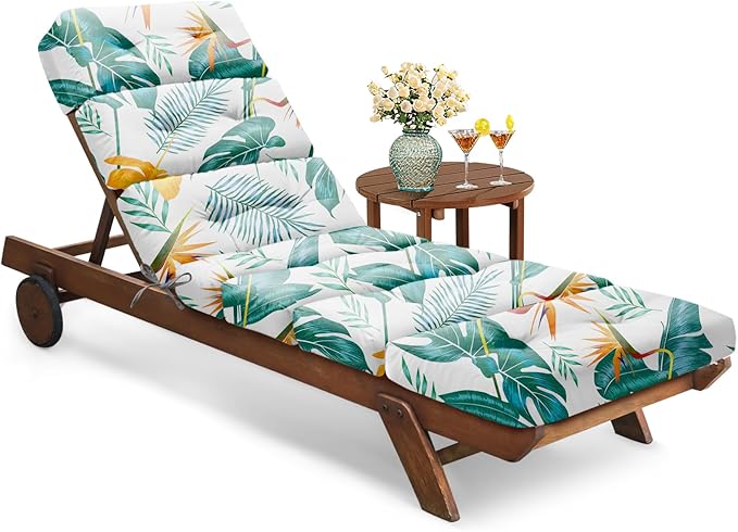 All Weather Chaise Lounge Cushions Outdoor Lounge Chair Cushion, Memory Foam Chaise Lounger Chair Cushion Waterproof for Outdoor Patio Furniture with Non-Slip Back and Ties, Yellow-Green Leaf