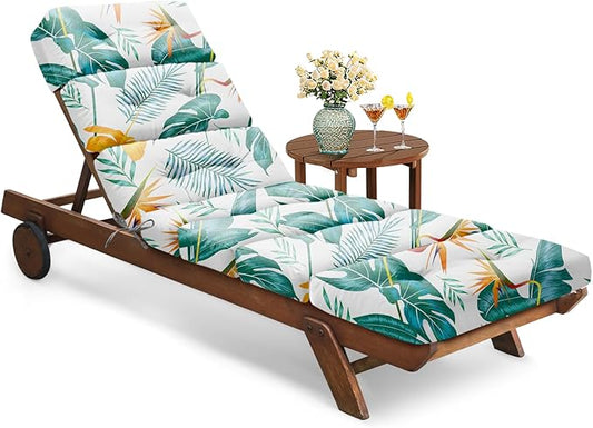 All Weather Chaise Lounge Cushions Outdoor Lounge Chair Cushion, Memory Foam Chaise Lounger Chair Cushion Waterproof for Outdoor Patio Furniture with Non-Slip Back and Ties, Yellow-Green Leaf