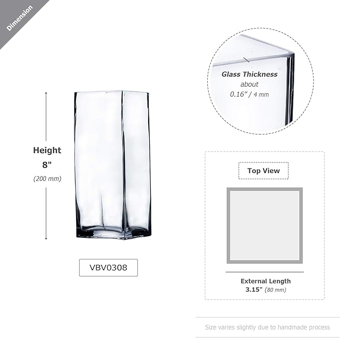 WGV Tall Square Vase Glass Block, Length 3", Height 8", Clear Bud Floral Container, Candle Holder, Planter Terrarium for Wedding Party Event, Home Office Decor, 1 Piece
