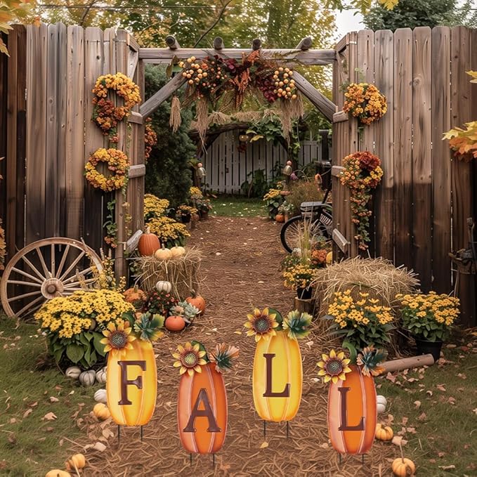 hogardeck Outdoor Fall Thanksgiving Decorations for Home, 4 PCS Metal Pumpkin Decorative Garden Stakes with Sunflowers for Fall Decorations, Yard Signs for Garden Home Lawn Patio