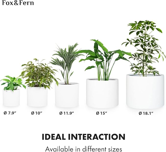 Fox & Fern 12" & 14.6" Large Planters (Set of 2) - Lightweight Fiberstone Matte White Plant Pots with Drainage Plug - Extra Large Planters for Indoor & Outdoor - Weather Resistant & UV Resistant