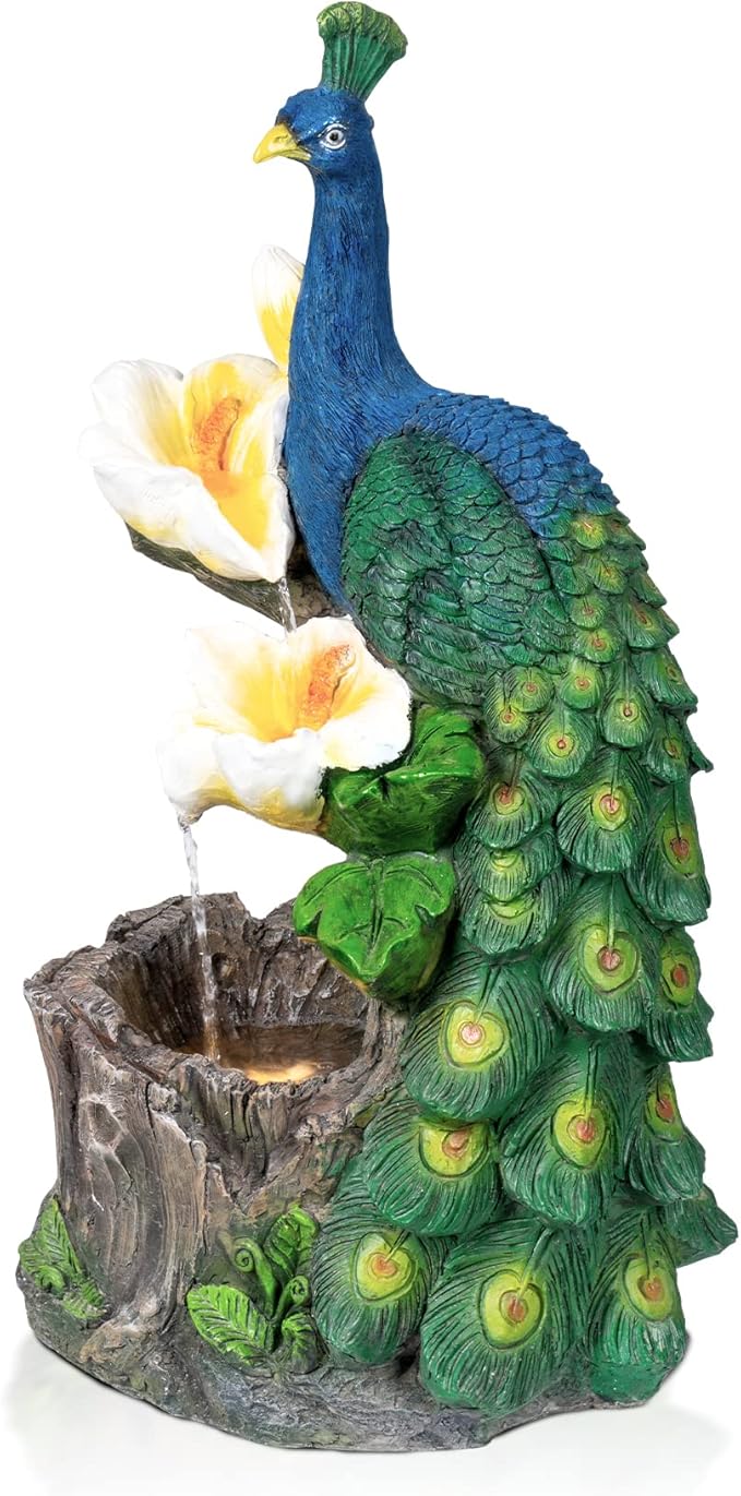 Ferrisland Resin Peacock Waterfall Fountain 3 Tiered Outdoor Floor Stacked Water Fountain Sculpture for Lawn Decorative Garden Party Landscape Patio Court Backyard Deck Art Decor 22.8" Blue