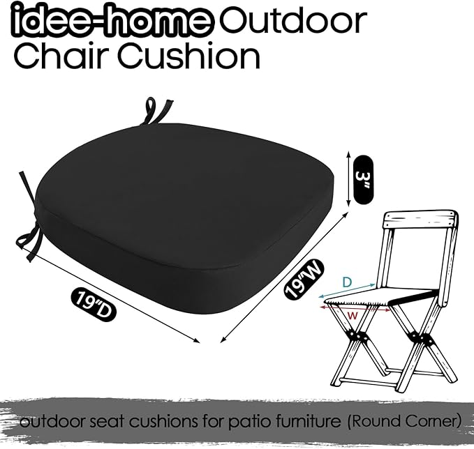 idee-home Outdoor Chair Cushions Set of 4, 19" x 19" x 3" Thick D-Shaped Patio Furniture Outdoor Seat Cushions Waterproof with Ties, Dining Pads